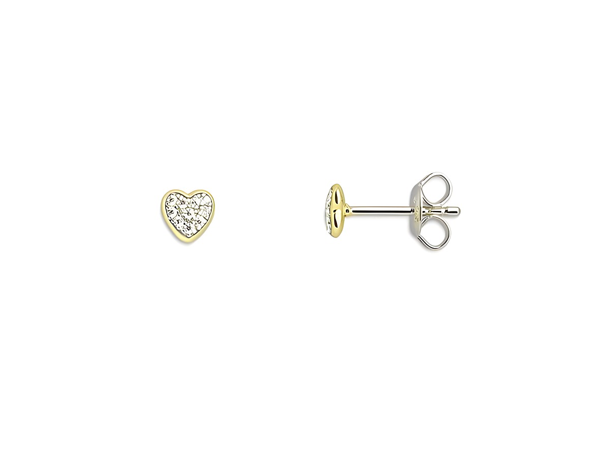 Silberne Ohrstecker in Herzform mit gelbgold vergoldetem Rand und funkelnden Zirkonia-Steinen, Modell XS3737GN aus der LOVE STORY Kollektion von Xenox.