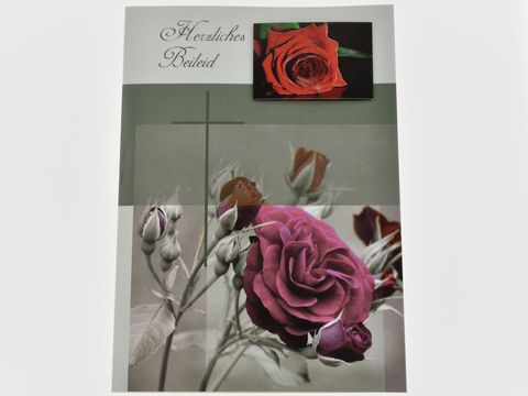 Eine stilvolle Trauerkarte mit Rosenmotiven in sanften Farben, die den Text "Herzliches Beileid" zeigt; von Juwelier Harnisch, ideal für Kondolenz.