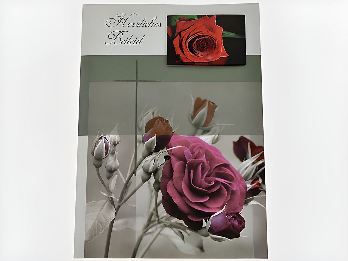 Eine stilvolle Trauerkarte mit Rosenmotiven in sanften Farben, die den Text "Herzliches Beileid" zeigt; von Juwelier Harnisch, ideal für Kondolenz.