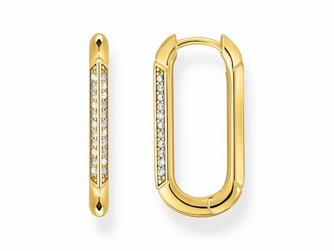 56972130-0 Thomas Sabo Creolen aus Silber vergoldet mit weißen Zirkonia. Das stylishe Design und die funkelnden Details machen sie zu einem eleganten Accessoire für jeden Anlass.