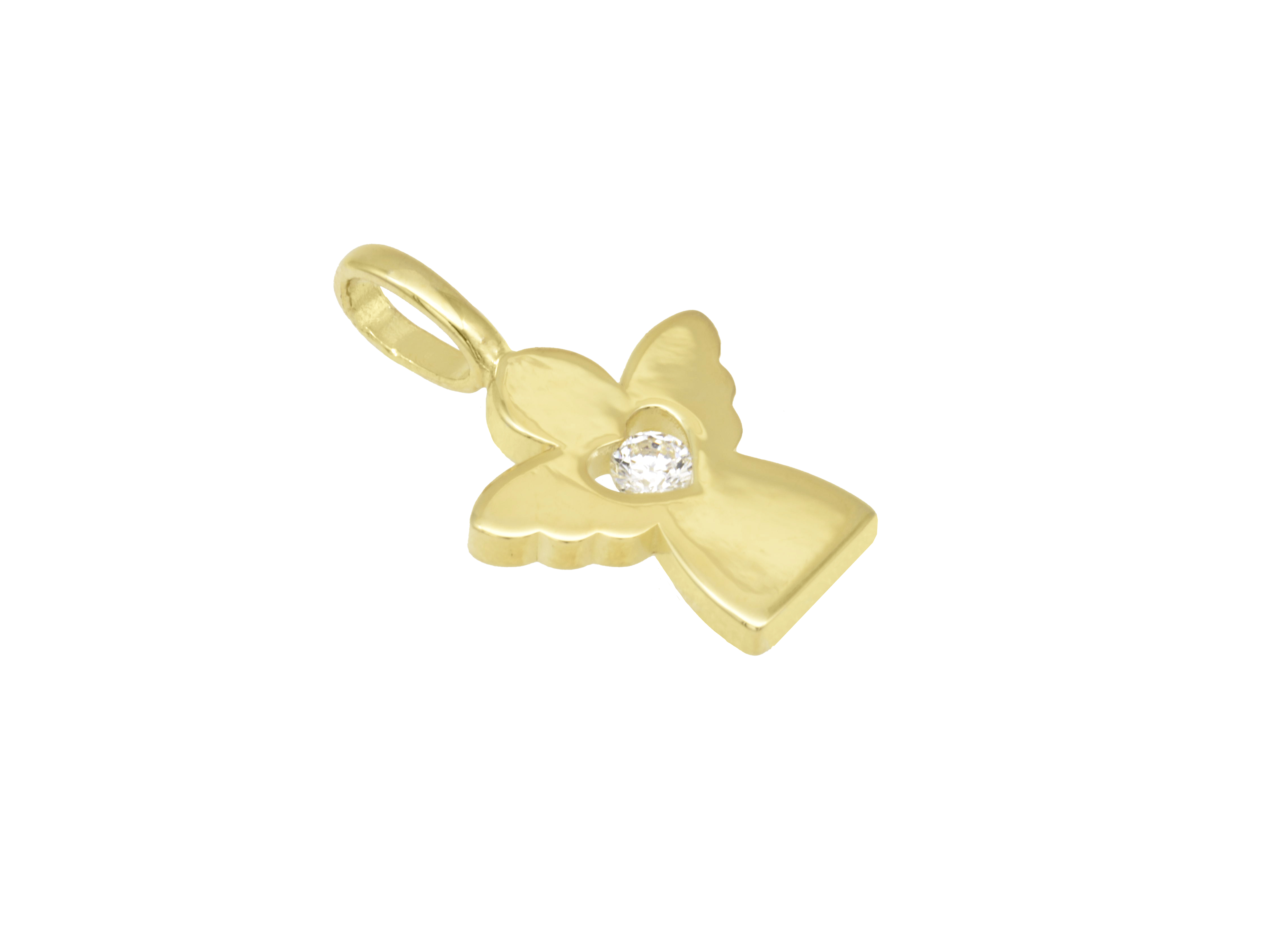 Gold Anhänger - Engel mit Herz - Zirkonia - weiss - charmant, Hersteller: Juwelier Harnisch, elegantes Design mit glänzendem Finish und funkelndem Stein im Herzen des Engels.