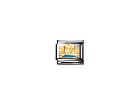 Ein charmantes Charm mit dem Trevi-Brunnen, detailiert in Gold und Blau, auf einer silbernen Basis, ideal für Schmuckliebhaber und als Erinnerung an ikonische Monumente.