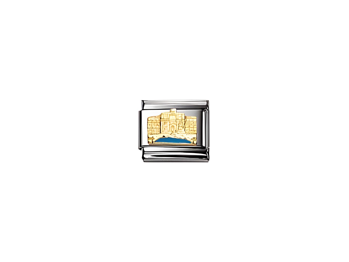 Ein charmantes Charm mit dem Trevi-Brunnen, detailiert in Gold und Blau, auf einer silbernen Basis, ideal für Schmuckliebhaber und als Erinnerung an ikonische Monumente.