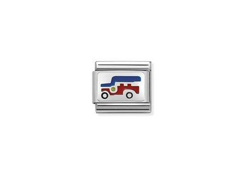 Ein silberner Charm mit dem Motiv eines Tuck Tuck Taxis aus den Philippinen, farbenfroh gestaltet in rot, blau und gelb, von der Marke Nomination. Ideal zum individuellen Schmuckdesign.