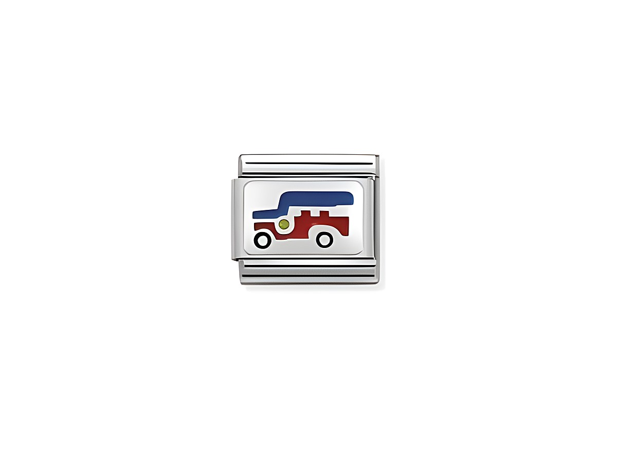Ein silberner Charm mit dem Motiv eines Tuck Tuck Taxis aus den Philippinen, farbenfroh gestaltet in rot, blau und gelb, von der Marke Nomination. Ideal zum individuellen Schmuckdesign.