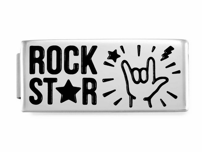 Nomination Classic GLAM Link Double Edelstahl mit Emaille - 230701 02 - Rock Star zeigt ein silbernes Charms mit dem Schriftzug Rock Star sowie einer Hand, die das Rocker-Handzeichen zeigt, umgeben von Sternen und Blitzen.