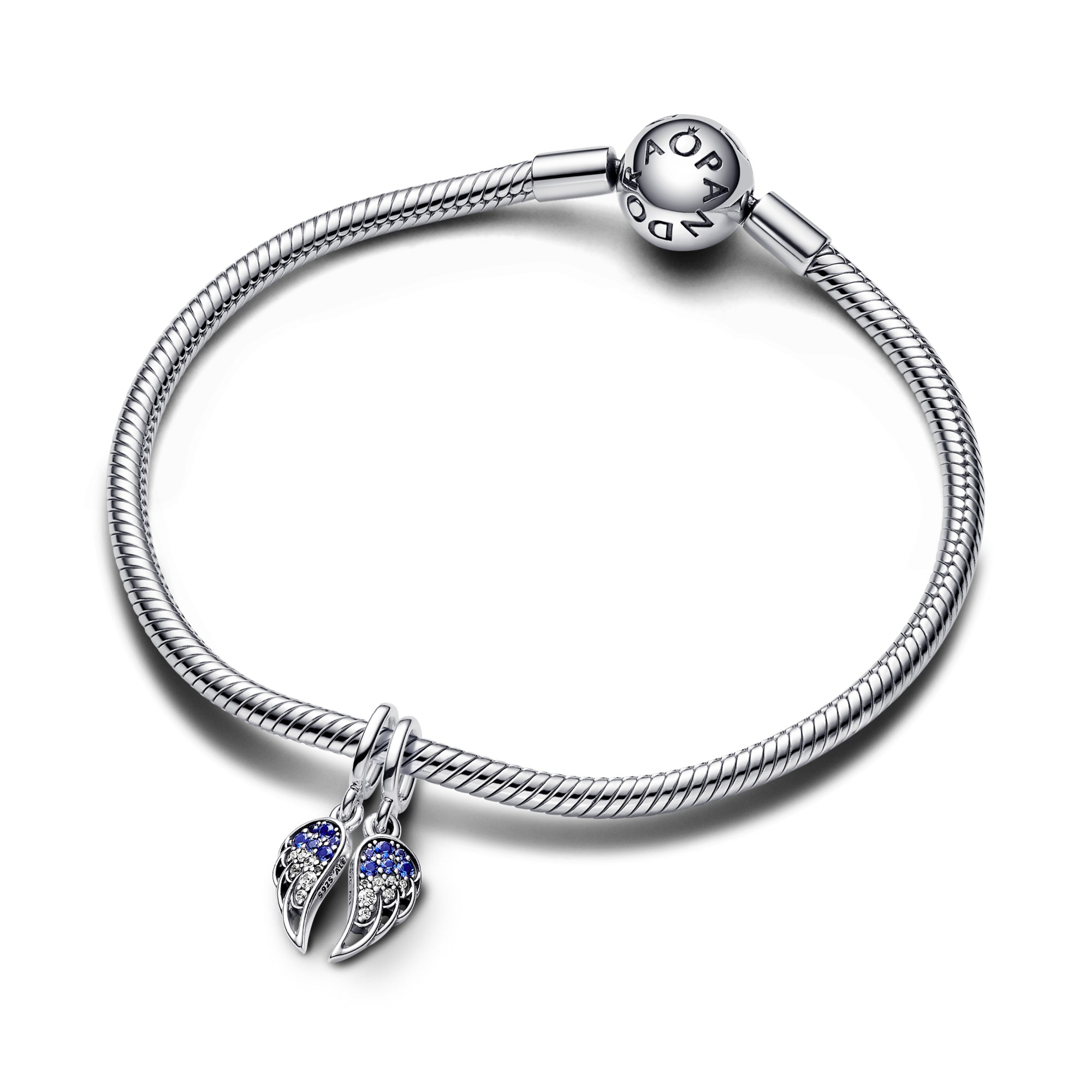 Pandora Funkelnder Teilbarer Engelsflügel Charm-Anhänger - Sterling Silber - Steinmix Blau – Ansicht 2