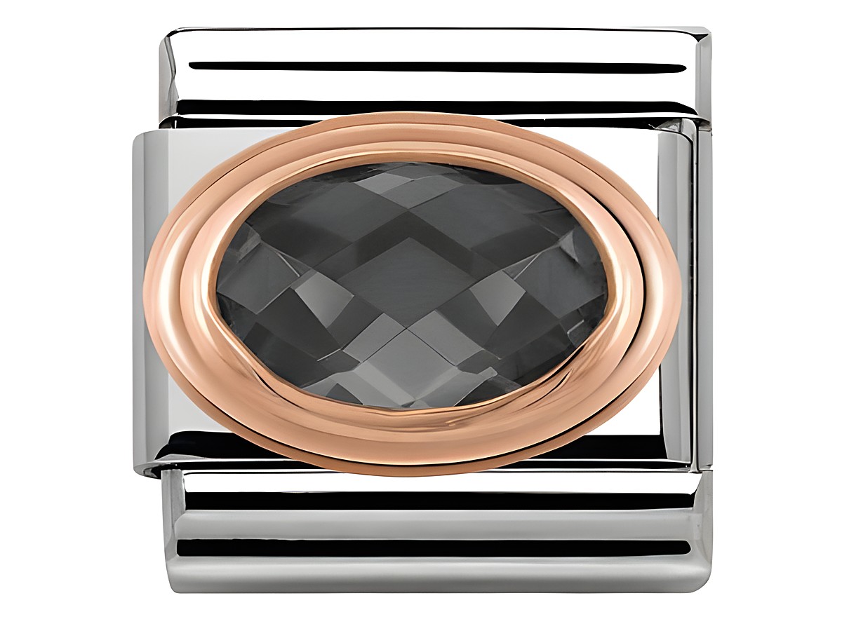 Edelstahl Zirkonia in Schwarz mit facettiertem Design, umrahmt von einem eleganten roségoldenen Rahmen, bietet ein modernes und stilvolles Aussehen für Schmuckliebhaber.