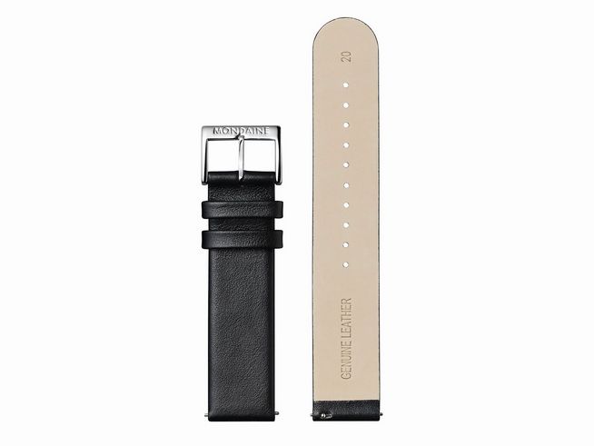 Lederarmband der Marke Mondaine in Schwarz aus echtem Leder mit einer Breite von 20 mm, ausgestattet mit einer silberfarbenen Schließe und markierter Innenseite für hohe Qualität.