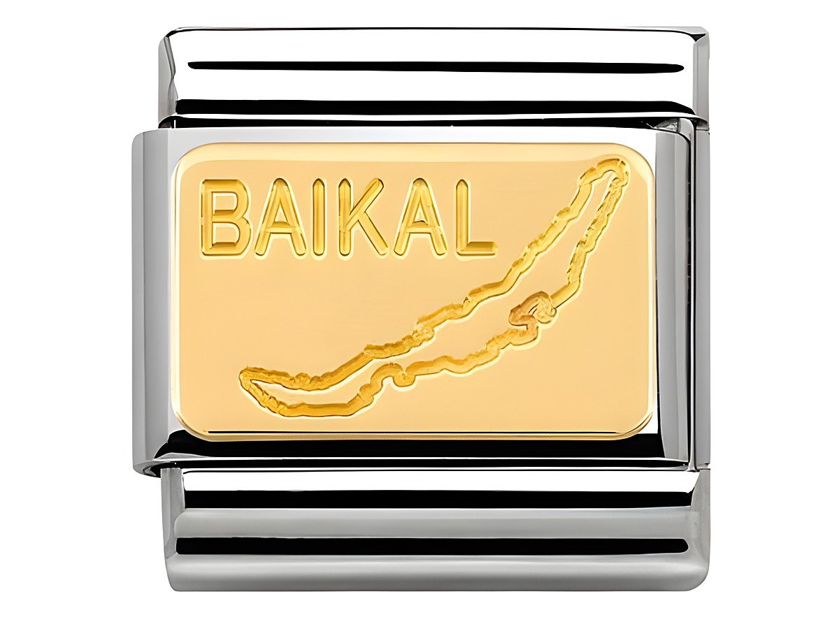Die Nomination Classic BICOLOR - 030145 18 zeigt die Kontur des Baikalsees in Gold auf einem silbernen Hintergrund. Der Schriftzug BAIKAL unterstreicht die geografische Herkunft.