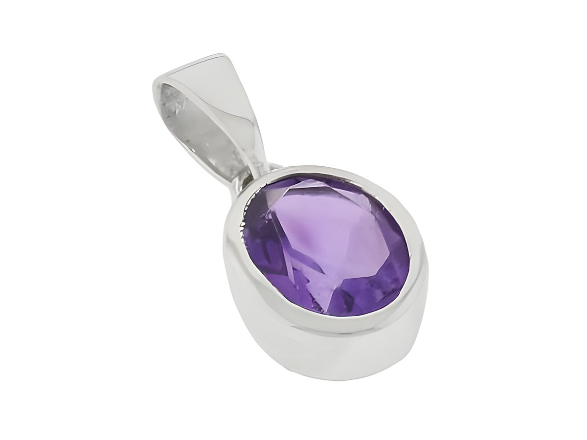 Silber Anhänger oval rhodiniert mit lila Amethyst, klassisches Design, Hersteller Juwelier Harnisch, geeignet für vielfältige Schmuckanlässe.