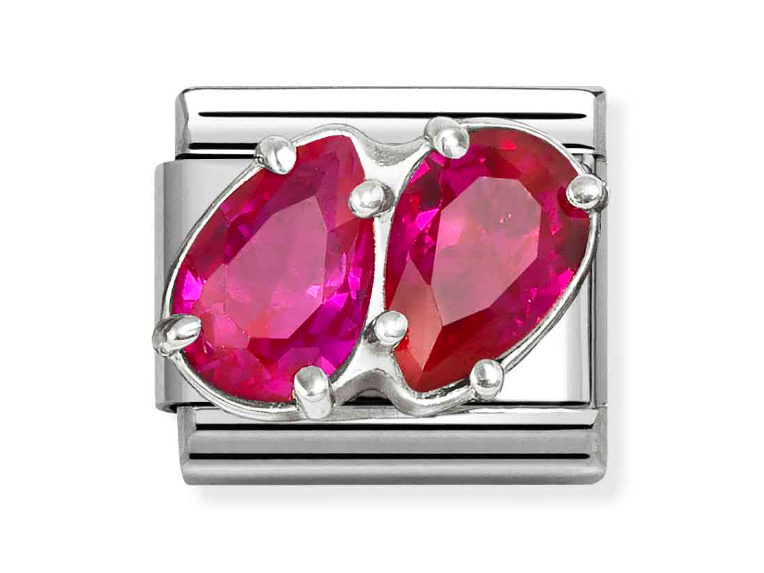 Classic Sterling Silber Charm mit zwei roten Tropfen aus facettiertem Glas, gefasst in einem silbernen Rahmen, ideal für Armbänder von Pandora, neu und elegant.