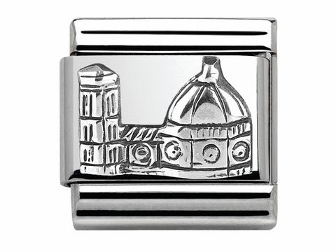 Silberner Charm von Nomination mit Relief des Doms in Florenz, detailreiches Abbild des historischen Monuments, ideal für Schmuckliebhaber und als Erinnerung an die florentinische Architektur.