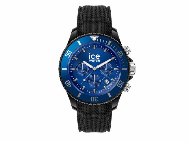 50441183-0 Ice Watch ICE Chrono Black Blue Large 020623 in Schwarz mit blauem Ziffernblatt, schwarzen Band und auffälligen Ziffern sowie Chronographen-Funktion. Perfekt für sportliche Eleganz.