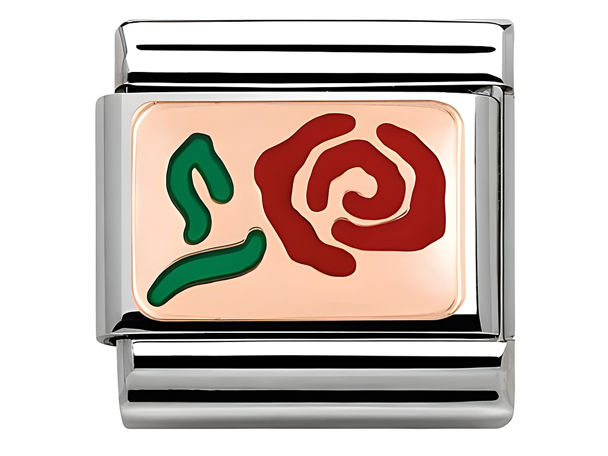 Elegante Nomination Classic Platte aus Edelstahl und Roségold mit einem roten Rosenmotiv auf einer goldfarbenen Emaillefläche, umgeben von grünen Akzenten.