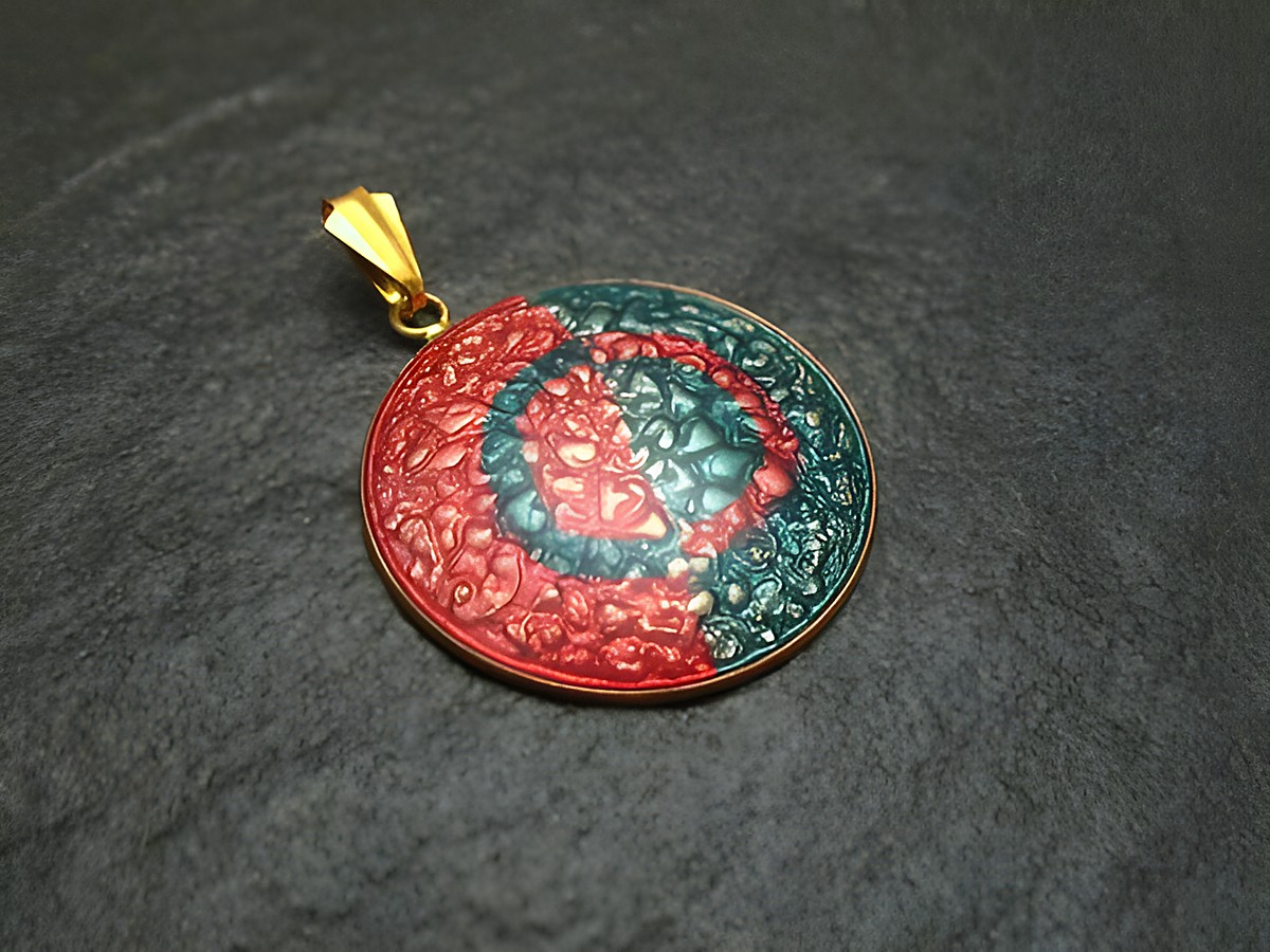 Blauer und rosa Emaille Anhänger in Kreisform mit geschwungenem Muster, vergoldete Fassung, Vintage Design, Hersteller Juwelier Harnisch.