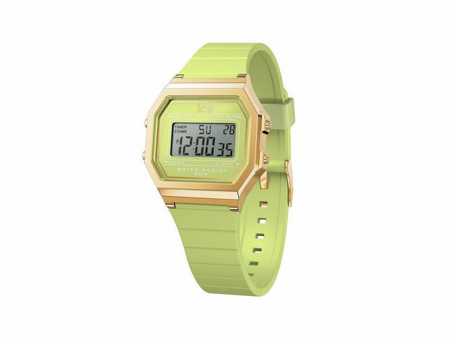 Die Ice Watch ICE digit retro Daiquiri green 022059 Small ist eine stilvolle Uhr in hellgrün mit goldfarbigen Akzenten und einem digitalen Display, ideal für modebewusste Träger.