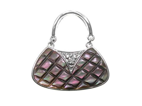Sterling Silber Anhänger in Form einer Perlmutt Handtasche mit Zirkonia Akzenten, Hersteller Juwelier Harnisch, stilvolles Design mit quadratischer Oberflächenstruktur.