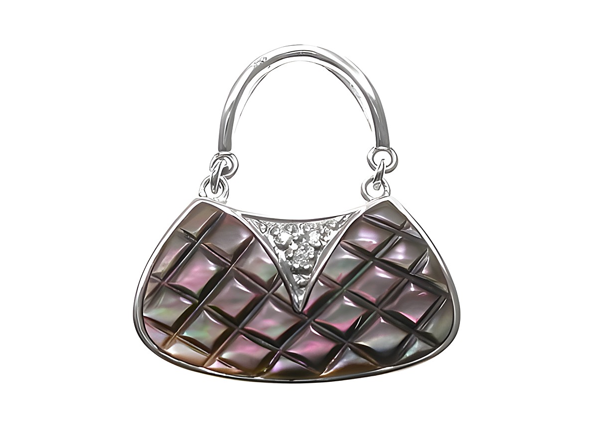 Sterling Silber Anhänger in Form einer Perlmutt Handtasche mit Zirkonia Akzenten, Hersteller Juwelier Harnisch, stilvolles Design mit quadratischer Oberflächenstruktur.