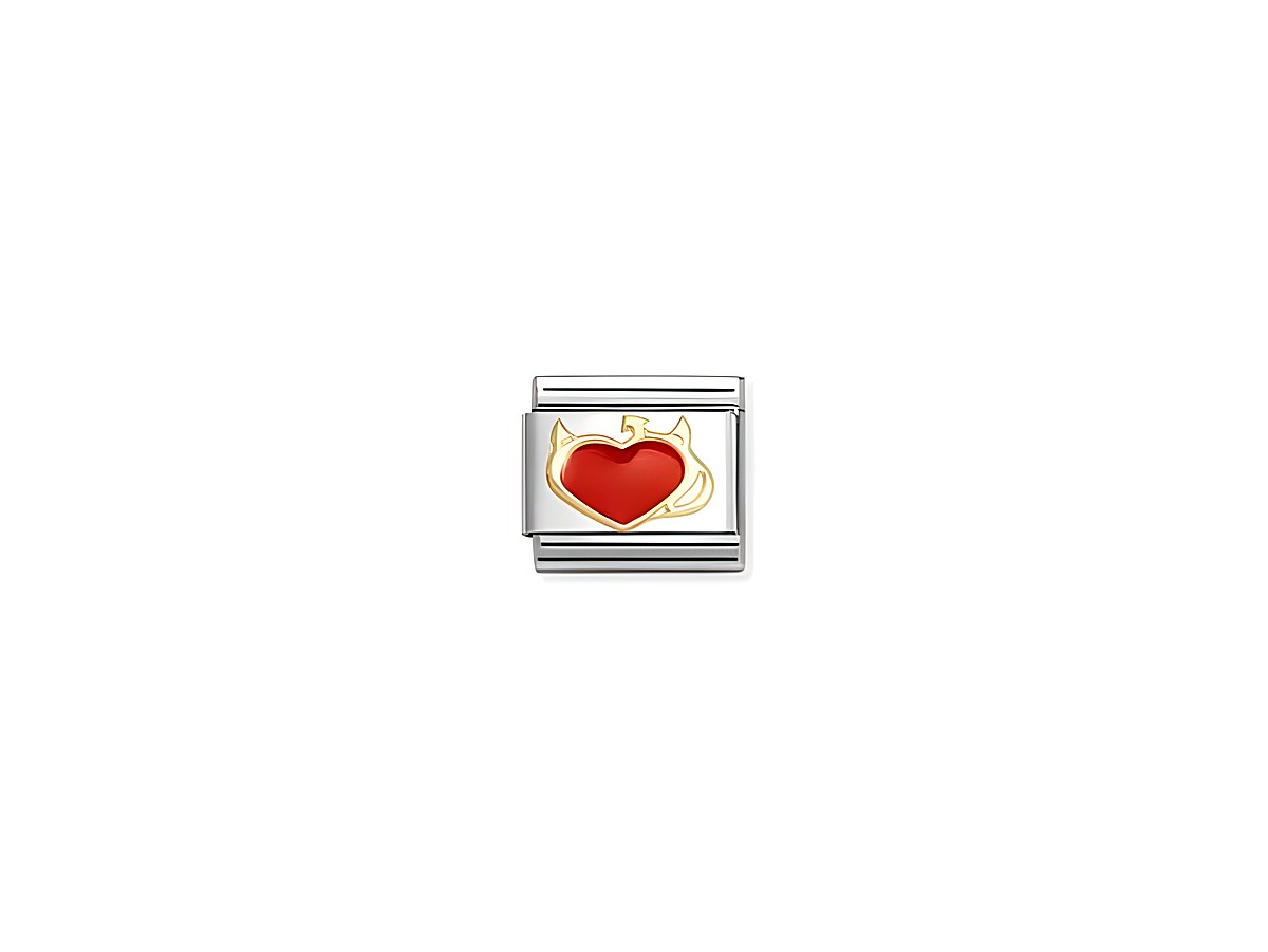 Die Abbildung zeigt ein Charm aus der Kollektion Nomination 030207 51 Classic, das ein rotes Herz mit Teufel-Flammen-Motiv in Gelbgold und Edelstahl zeigt.