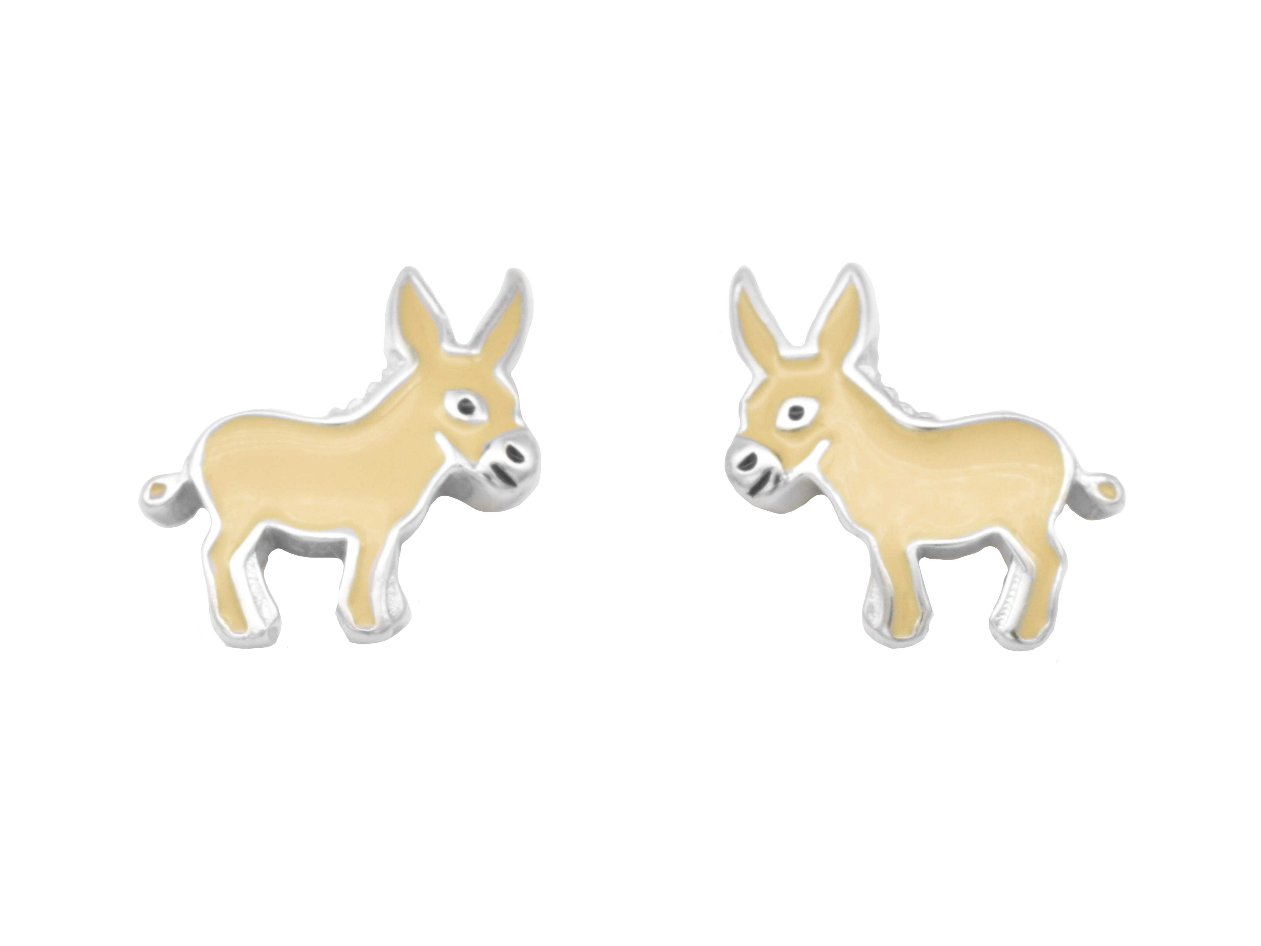 Ohrstecker in Form von Eselchen aus rhodiniertem Sterling Silber, poliert mit braunem Lack, geeignet für Kinder, Hersteller Juwelier Harnisch.