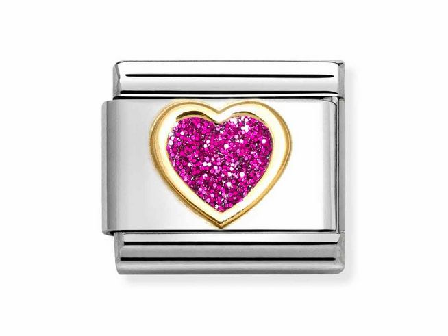 Eine elegante Nomination Classic Herz Emaille in Magenta, umrandet von Gelbgold und Edelstahl, mit einem glitzernden pinken Herzen im Zentrum. Ideal für stilvolle Armbänder.