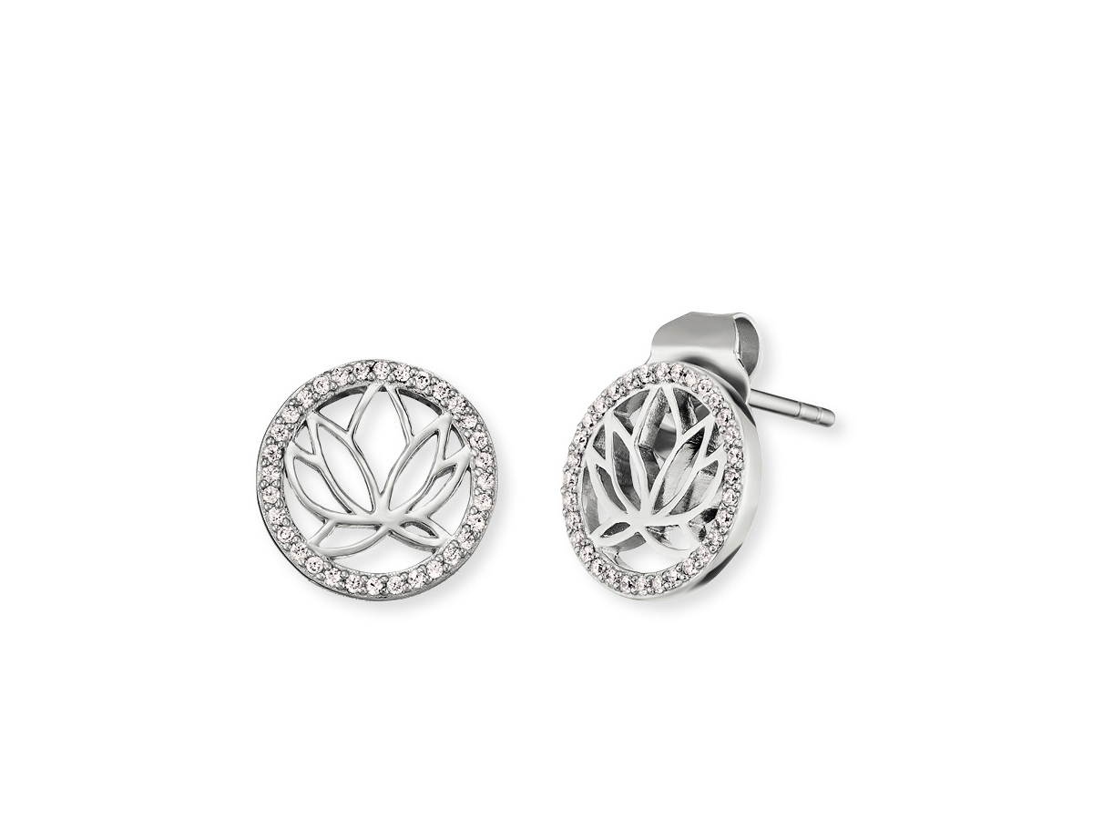 Silberne Ohrringe von Engelsrufer ERE-LOTUS-ZI-ST mit Lotus-Motiv und funkelnden Zirkonia, Durchmesser 11 mm, rhodiniert, ideal für elegante Anlässe.