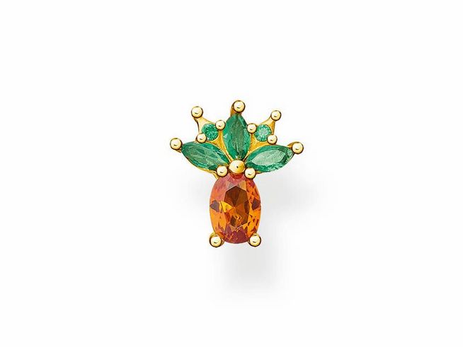 Ohrstecker von Thomas Sabo in Ananasform aus Sterling Silber, vergoldet mit Gelbgold und besetzt mit Glas-Keramik Steinen in Orange und Grün.