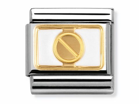 NOMINATION Classic Platte Schraube Weiss Emaille 030280 05 Elegance zeigt eine elegante Kombination aus edlem Edelstahl, weißer Emaille und einem goldenen Symbol in der Mitte.
