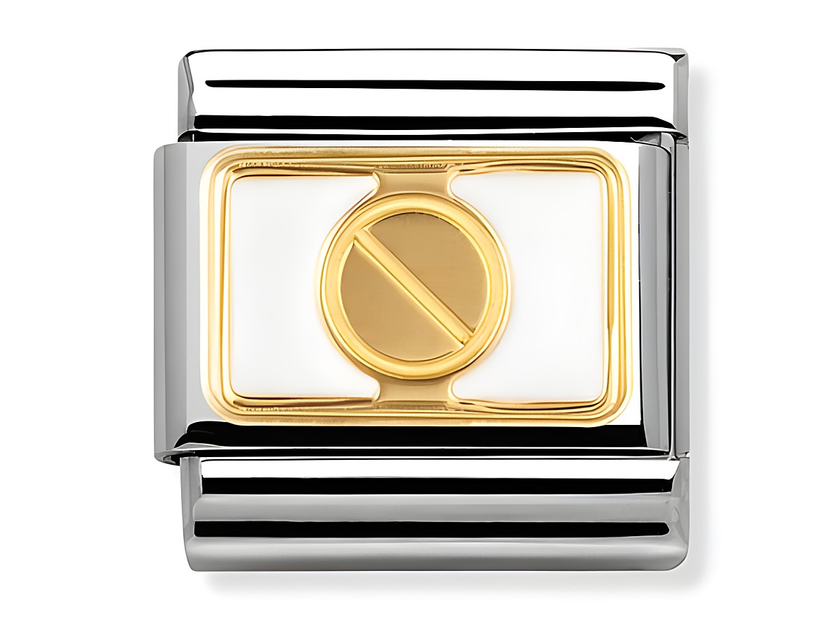 NOMINATION Classic Platte Schraube Weiss Emaille 030280 05 Elegance zeigt eine elegante Kombination aus edlem Edelstahl, weißer Emaille und einem goldenen Symbol in der Mitte.