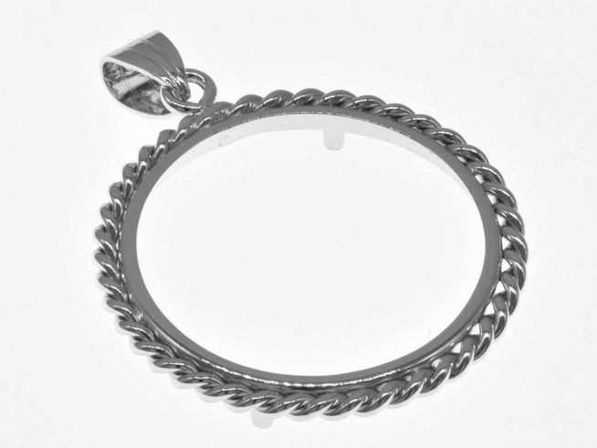Münzfassung Anhänger aus rhodiniertem 925 Sterling Silber mit einer max. Durchmesser von 28 mm, geeignet für bis zu 3,0 cm Münzen, gefertigt von Juwelier Harnisch.