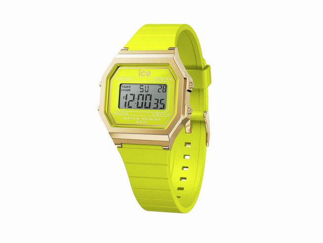 Die Ice Watch Uhr ICE digit retro Sunny lime 022054 Small in limettengrün zeigt ein digitales Ziffernblatt mit goldener Umrandung und einem komfortablen Silikonarmband.