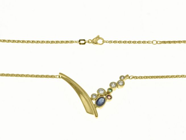 Collierkette mit Mittelteil aus 333 Gelbgold, verziert mit Saphir, Smaragd, Rubin und Zirkonia, Länge 42 cm und 45 cm, elegantes Design von Juwelier Harnisch.