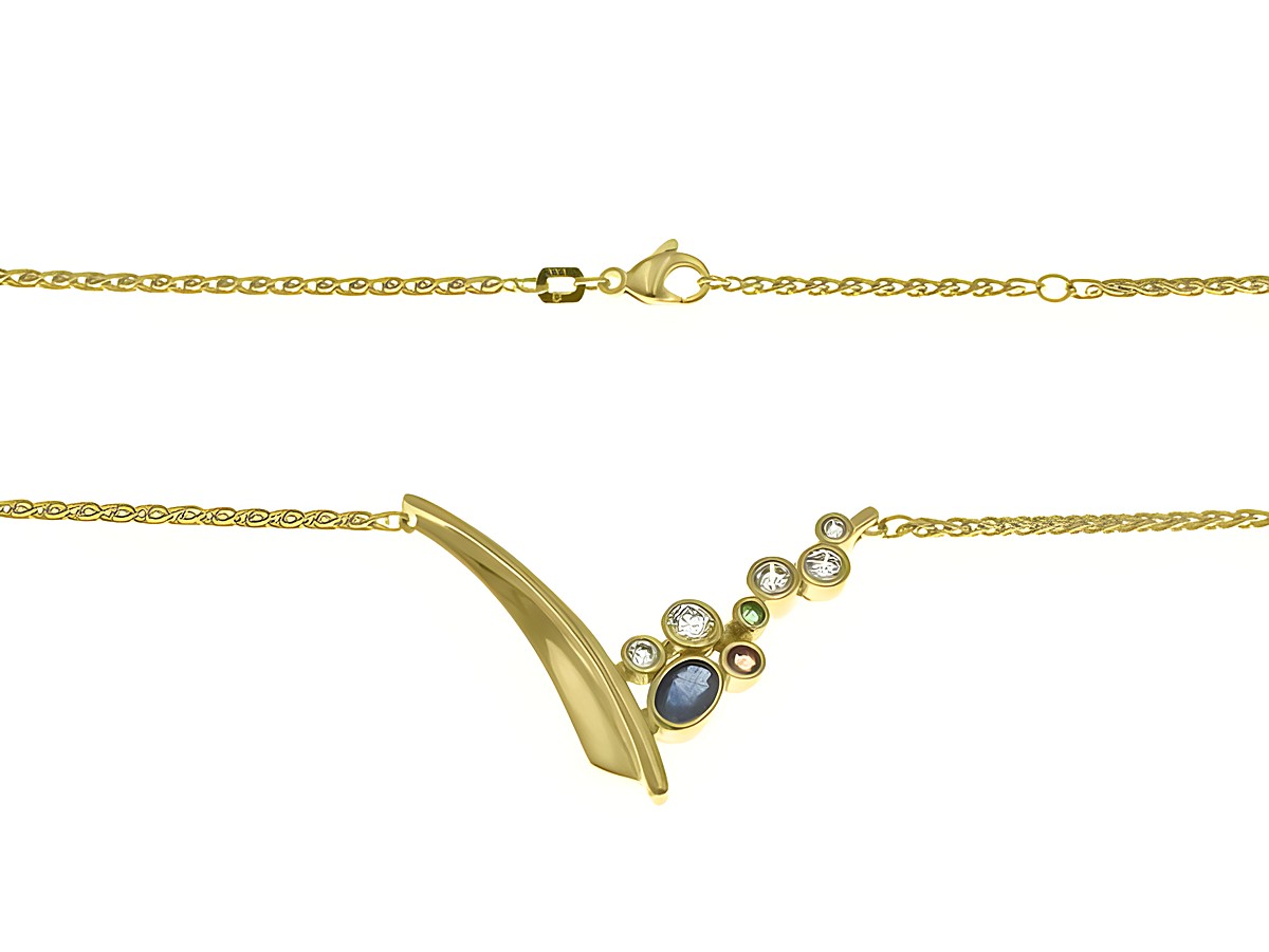 Collierkette mit Mittelteil aus 333 Gelbgold, verziert mit Saphir, Smaragd, Rubin und Zirkonia, Länge 42 cm und 45 cm, elegantes Design von Juwelier Harnisch.