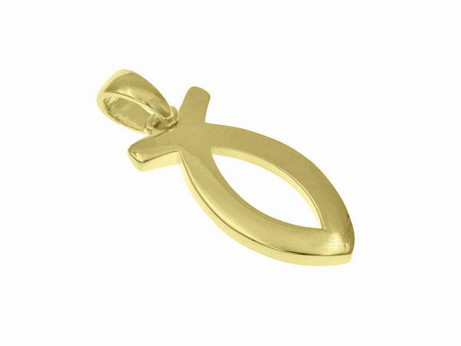 Christlicher Fischanhänger aus Gold, gefertigt vom Juwelier Harnisch, symbolisiert Glauben und Spiritualität, ideal für religiöse Anlässe oder tägliches Tragen.