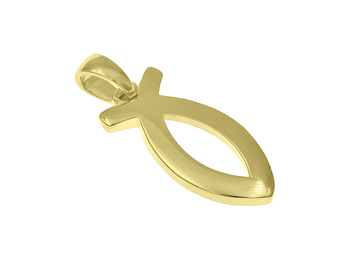 Christlicher Fischanhänger aus Gold, gefertigt vom Juwelier Harnisch, symbolisiert Glauben und Spiritualität, ideal für religiöse Anlässe oder tägliches Tragen.