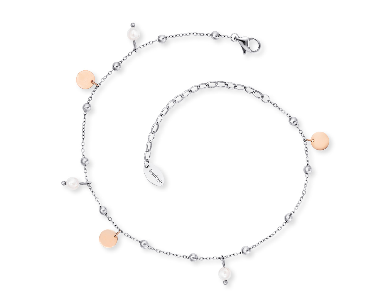 Engelsrufer ERFS-LILJOY-PE-BI FUßKETTE Fußkettchen Little Joy Bicolor - Edelstahl & Zuchtperle Weiß 22 cm Bicolor Fußkettchen aus Edelstahl mit Zuchtperlen in Weiß und eleganten runden Elementen in Roségold, Gesamtlänge 22 cm, hergestellt von Engelsrufer.