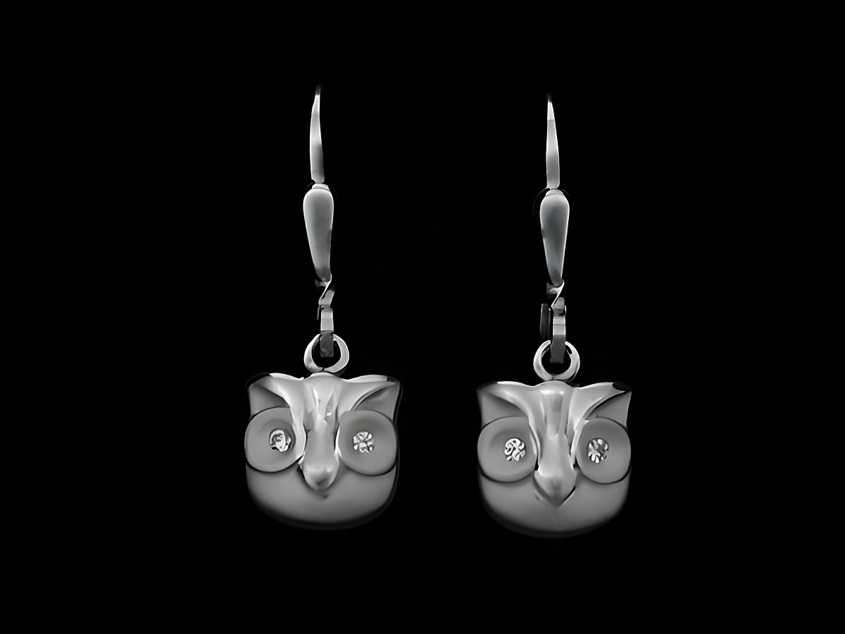 Silber Ohrringe in Eulenform, teilmattiert, als Ohrhänger gestaltet, rhodiniert und mit Zirkonia verziert, Hersteller Juwelier Harnisch, stilvolle Ohrhänger mit Stein.