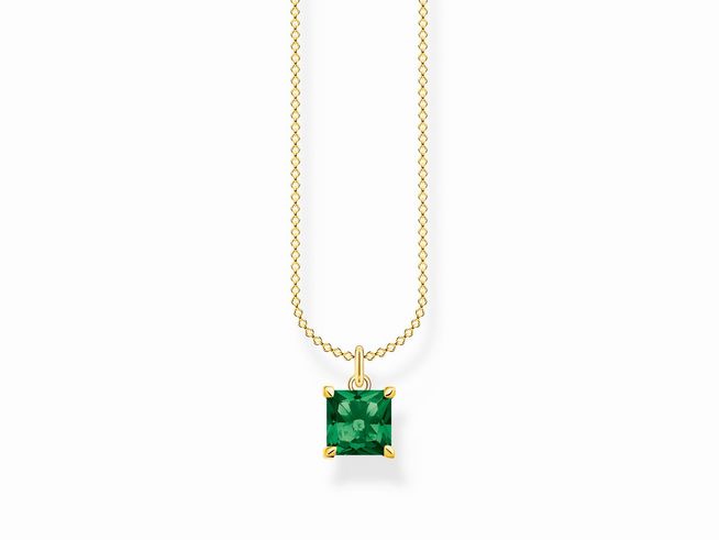 Elegante Kette von Thomas Sabo aus Sterling Silber vergoldet mit einem quadratischen Glas-Keramik Stein in smaragdgrün, Länge 45 cm, ideal für festliche Anlässe.
