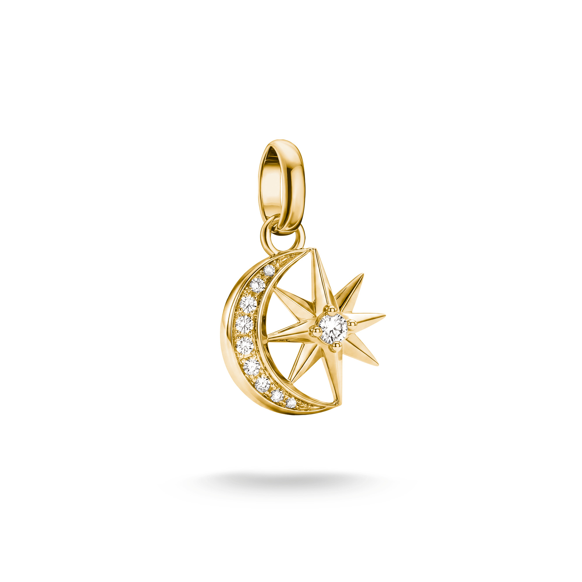 Charm von Thomas Sabo in 18k Gelbgold Vergoldung, darstellt einen Mond und einen Stern, verziert mit Zirkonia, ausgestattet mit einer Öse, Neuheit im Onlineshop.