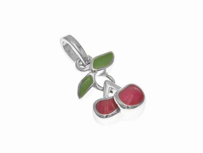 Anhänger aus rhodiniertem Sterling Silber in Form von Kirschen mit beweglichen Blättern, farblich lackiert in Grün und Pink, geeignet für Kinder, Hersteller Juwelier Harnisch.