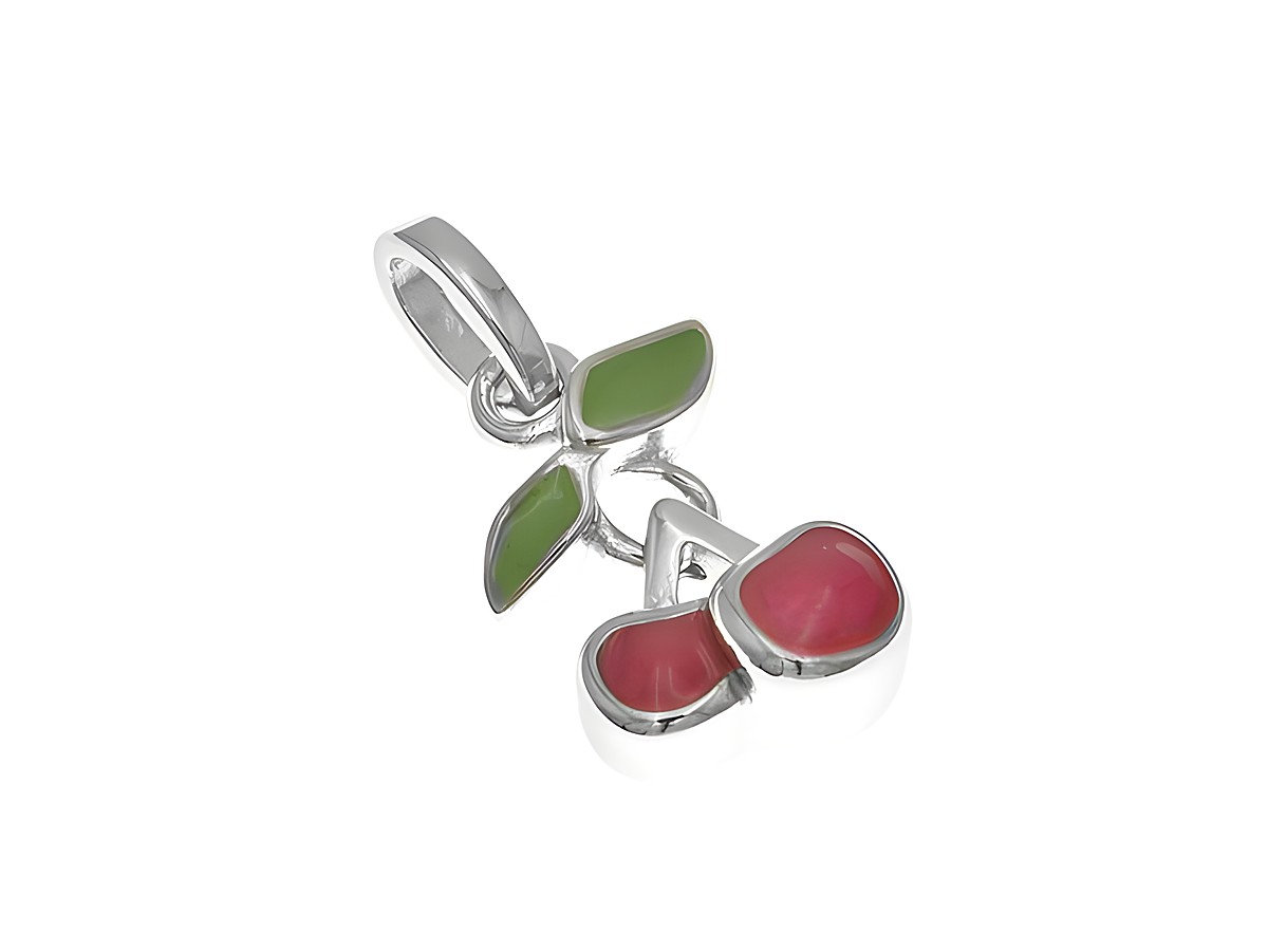 Anhänger aus rhodiniertem Sterling Silber in Form von Kirschen mit beweglichen Blättern, farblich lackiert in Grün und Pink, geeignet für Kinder, Hersteller Juwelier Harnisch.