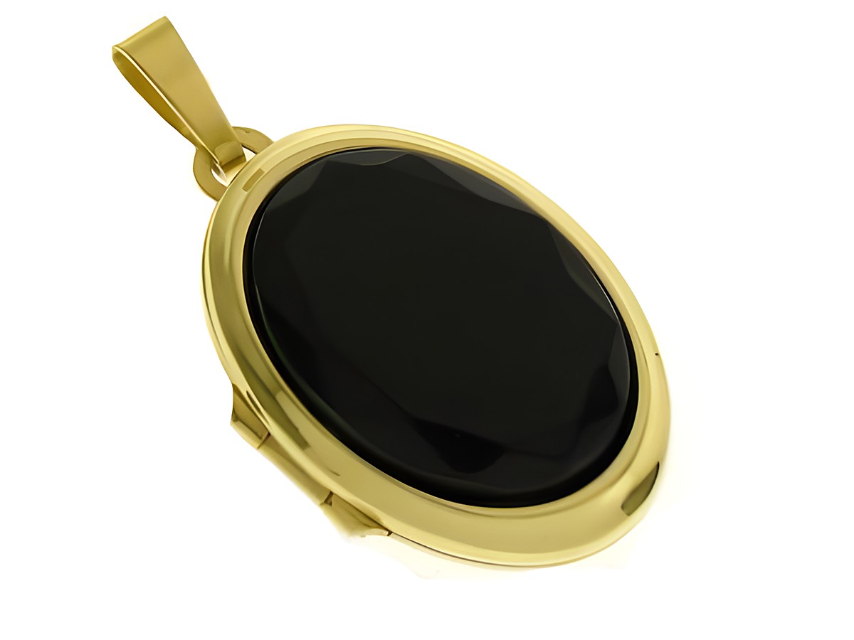 Onyx facettiertes Medaillon in ovaler Form mit Cabochon aus Gold 585, hergestellt von Juwelier Harnisch, hochwertig verarbeitet, ideal als elegantes Schmuckstück.