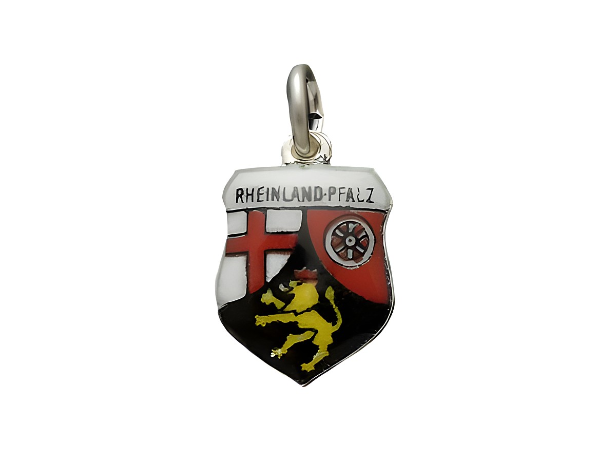 Silber Anhänger mit dem Wappen von Rheinland-Pfalz, zeigt einen gelben Löwen auf schwarzem Grund, ein rotes Rad und ein weißes Kreuz. Ideal für Schmuckliebhaber.