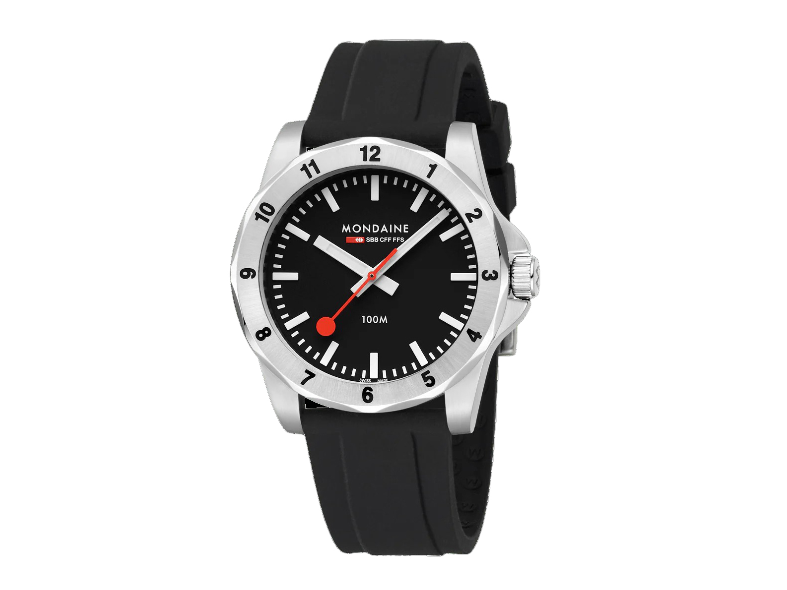 Mondaine Uhr MSN.42120.RB mit schwarzem Zifferblatt, weißen Ziffern und roter Sekundenzeiger, umgeben von einem Edelstahlgehäuse, mit schwarzem Silikonarmband, wasserdicht bis 100 Meter.