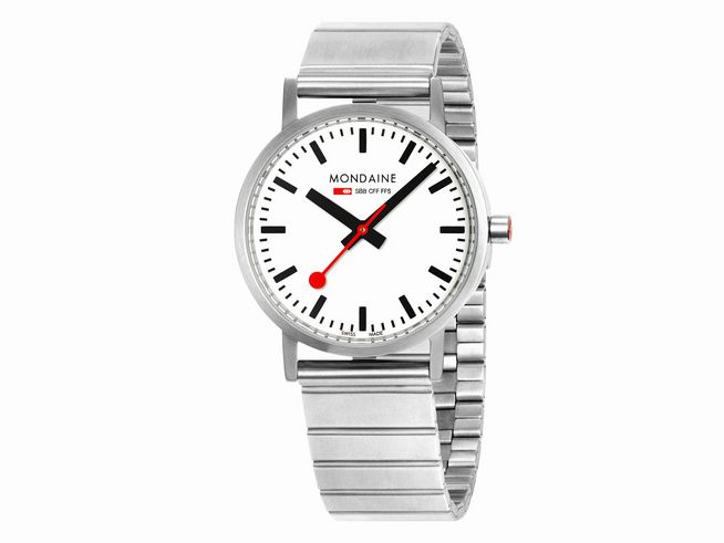 Mondaine Classic A660.30360.16SBJ Armbanduhr mit einem 40 mm Gehäuse aus Edelstahl, weißem Ziffernblatt, schwarzen Indexen und einem roten Sekundenzeiger, ausgestattet mit einem Edelstahlarmband.