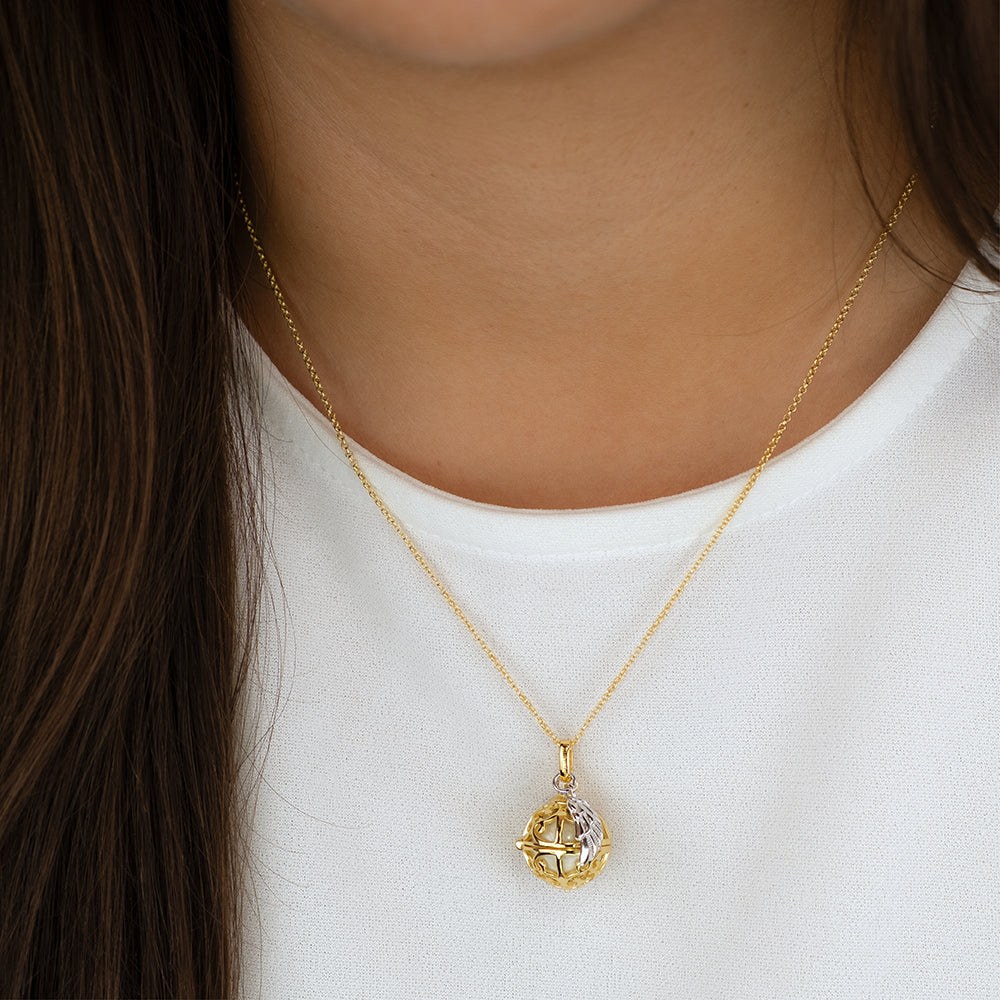 Engelsrufer 45 cm Kette mit Flügel & Klangkugel Anhänger - Gelbgold vergoldet auf Silber Perlmutt - Weiß Gr. XS – Ansicht 2