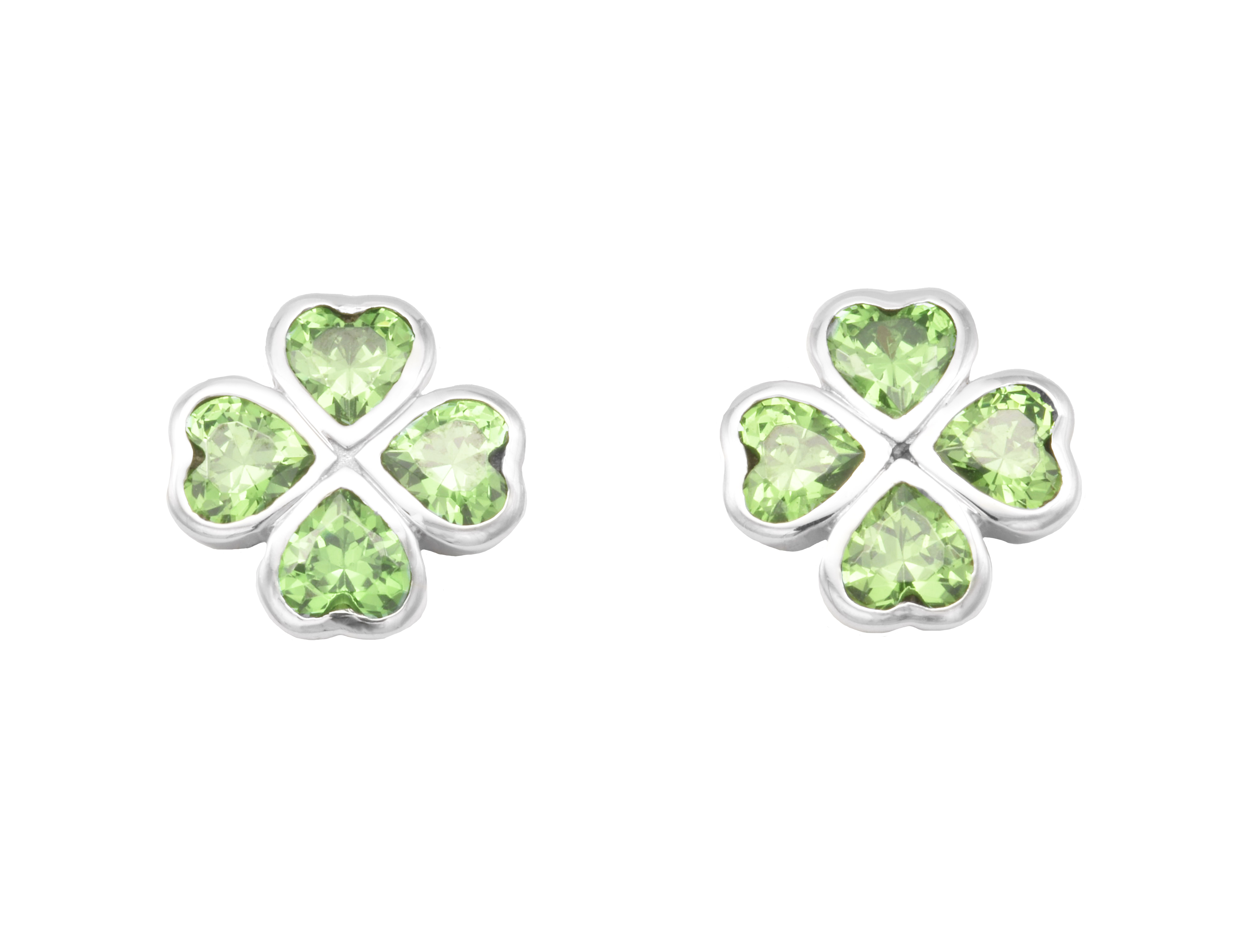 Ohrstecker in Kleeblattform aus rhodiniertem Sterling Silber, poliert, mit grünen Zirkonia glänzend besetzt, Hersteller Juwelier Harnisch.