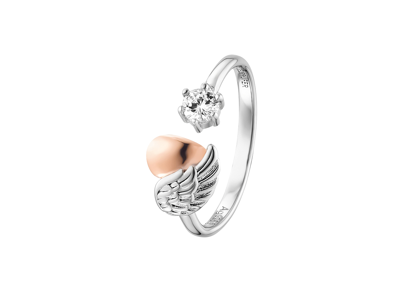 Der Engelsrufer Herzflügel Ring in Bicolor zeigt eine elegante Kombination aus Roségold und Silber, verziert mit einem funkelnden Zirkonia und einem fantasievollen Flügeldesign.