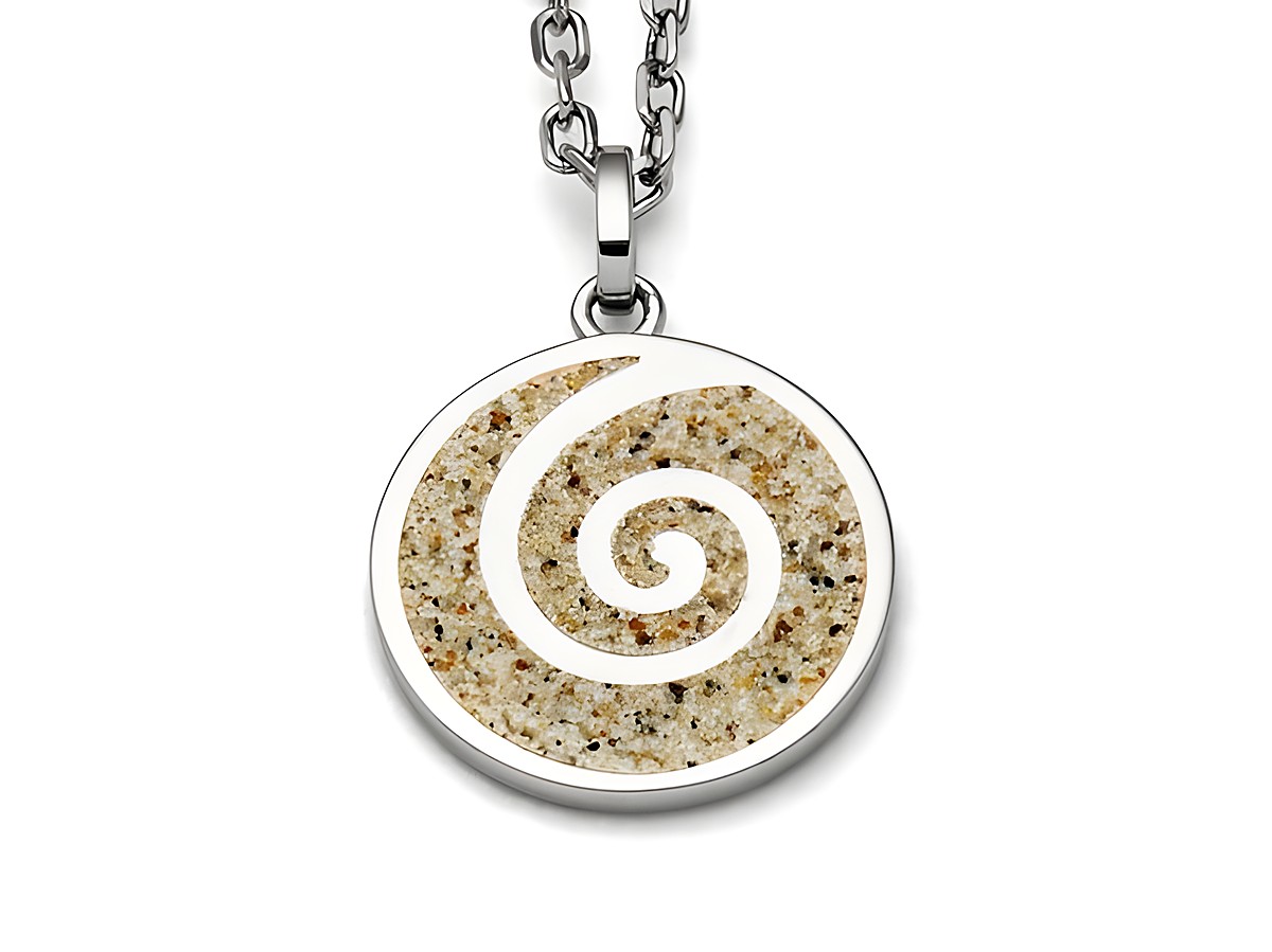DUR Anhänger Spirale 2.0 aus Sterling Silber mit sandfarbenem Inlay und spiralförmigem Design an einer silbernen Kette, eleganter Schmuck für jeden Anlass.